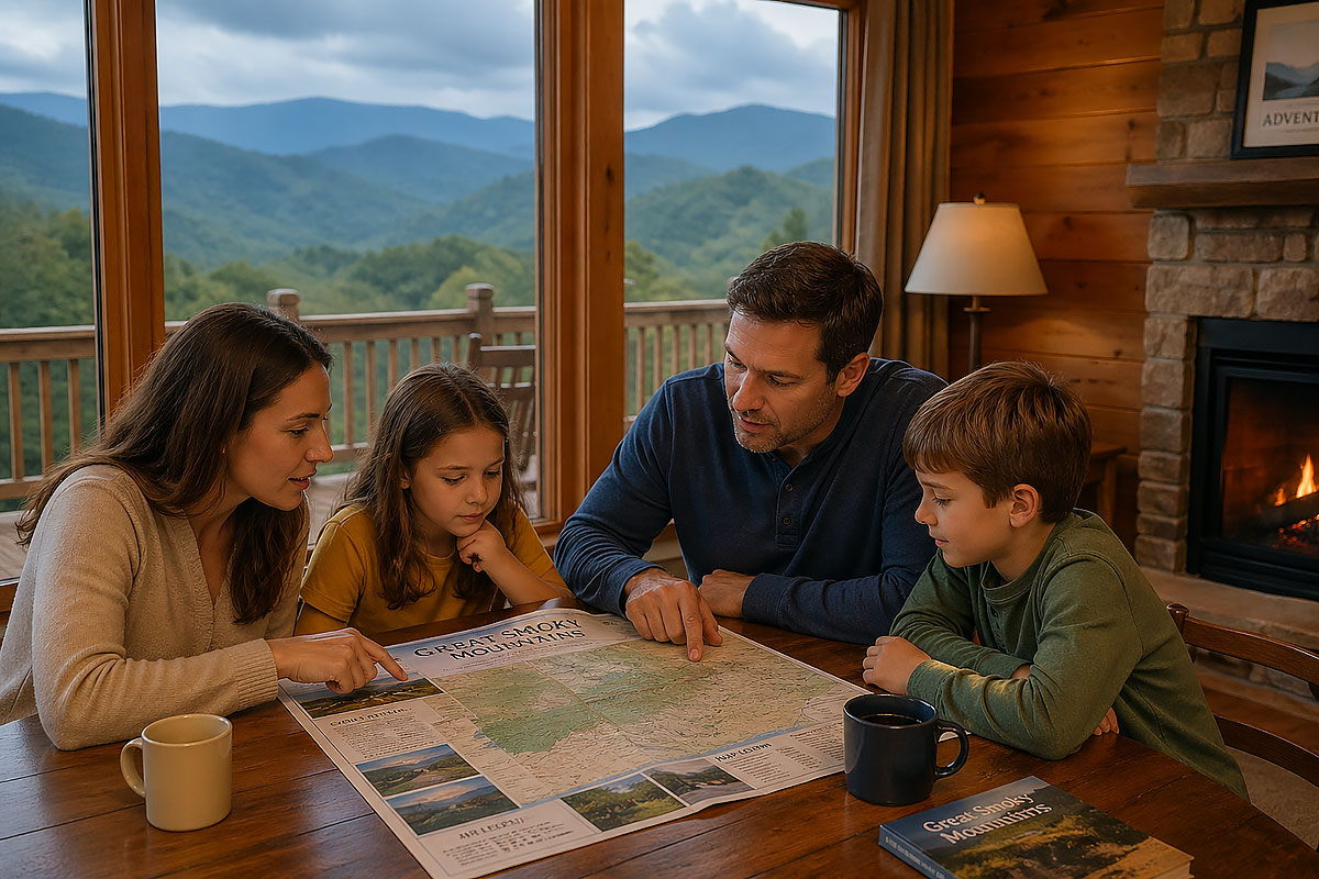 Family planning a Smoky Mountain vacation with scenic cabin and mountain backdrop